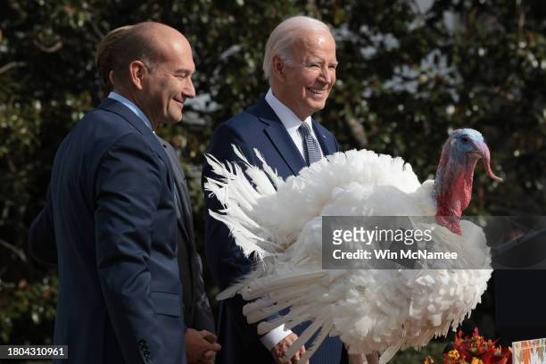 President Joe Biden joined by Jose Rojas , Vice-President at Jennie-O Turkey Store, and Steve Lykken , Chairman of the National Turkey Federation,...