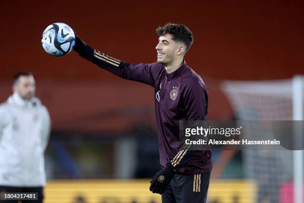 Kai Havertz of Germany plays the ball during a DFB Training Session at Ernst Happel Stadion on November 20, 2023 in Vienna, Austria.