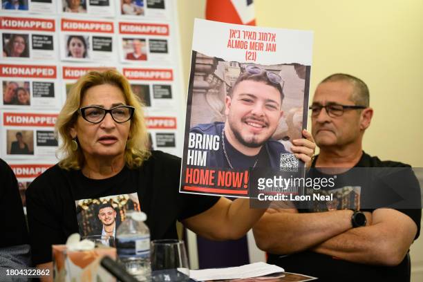 Orit Meir , and Aviram Meir , the mother and uncle of Almog Meir, address journalists during a press conference at the Embassy of Israel by family...