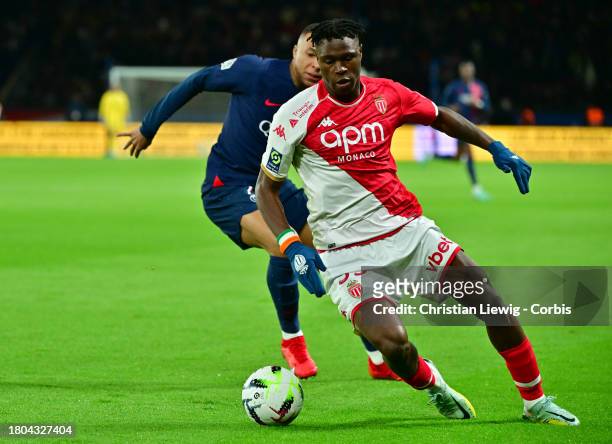 Wilfried Singo of AS Monaco in action during the Ligue 1 Uber Eats match between Paris Saint-Germain and AS Monaco at Parc des Princes on November...