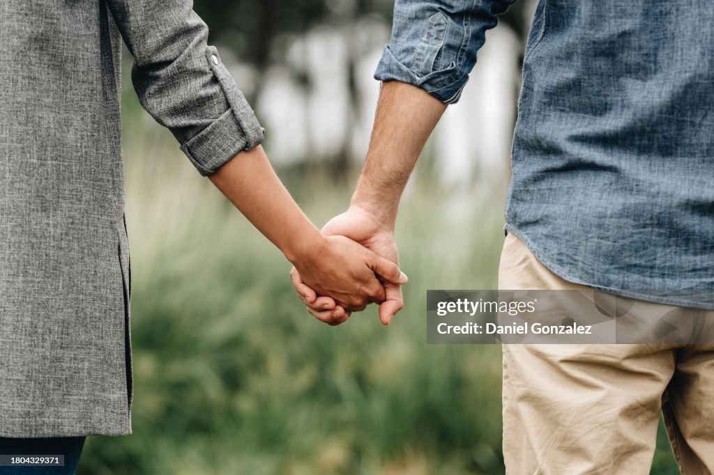 Couple holding hands in countryside