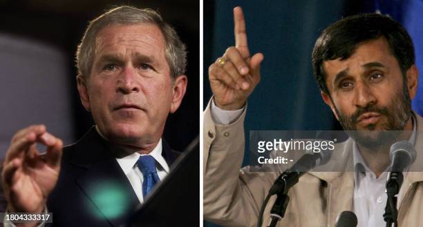 Combo shows Iranian President Mahmoud Ahmadinejad speaking during a ceremony at Tehran university 30 July 2006 and his US counterpart George W. Bush...