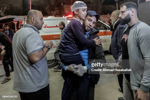 Palestinians injured in airstrikes arrive at Nasser Medical Hospital on November 20, 2023 in Khan Yunis, Gaza. More Gaza residents have fled south as...