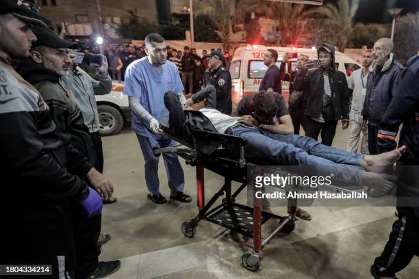 Palestinians injured in airstrikes arrive at Nasser Medical Hospital on November 20, 2023 in Khan Yunis, Gaza. More Gaza residents have fled south as...