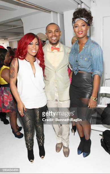 Michelle, Edwing D'Angelo, and Toccara Jones attend the Edwing D'Angelo show during Spring 2014 Mercedes-Benz Fashion Week on September 12, 2013 in...