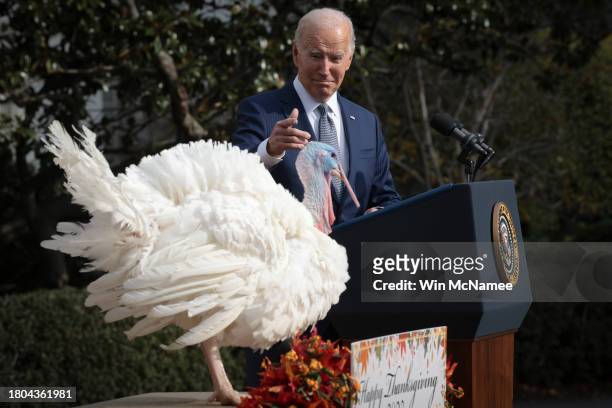 President Joe Biden pardons the National Thanksgiving turkeys Liberty and Bell during a ceremony on the South Lawn of the White House on November 20,...