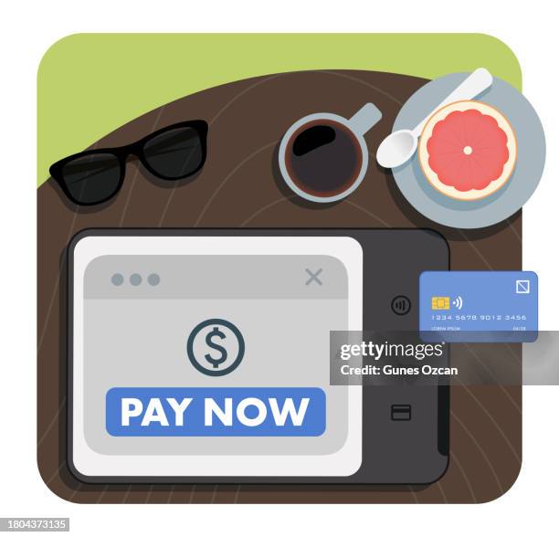 contactless payment concept - overhead view - processing of nfc payment - pos terminal with tablet - near field communication protocol - e-payment - flat design - table top view at cafe restaurant - ipad on table stock illustrations