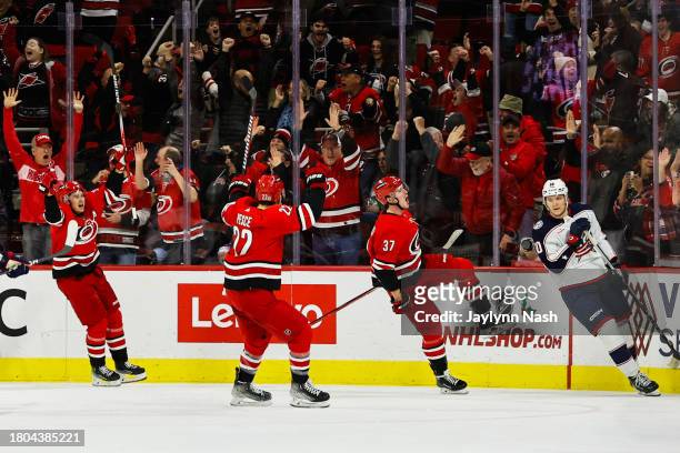 Andrei Svechnikov of the Carolina Hurricanes celebrates a goal during the third period against the Columbus Blue Jackets at PNC Arena on November 26,...