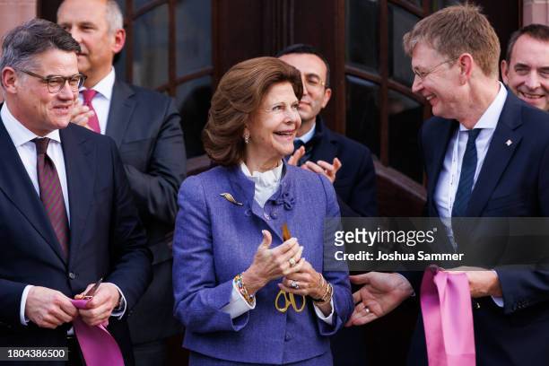 Prime Minister Boris Rhein, Queen Silvia of Sweden and Jürgen Graf open the first "Childhood House" on November 20, 2023 in Hessen, Germany.
