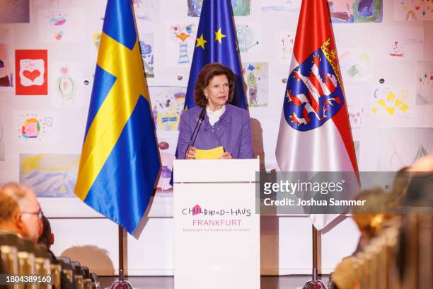 Queen Silvia of Sweden speaks during the opening of the first "Childhood House" on November 20, 2023 in Hessen, Germany.