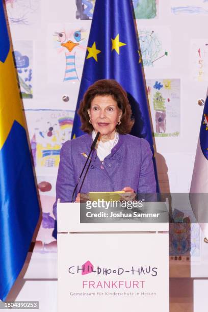 Queen Silvia of Sweden speaks during the opening of the first "Childhood House" on November 20, 2023 in Hessen, Germany.