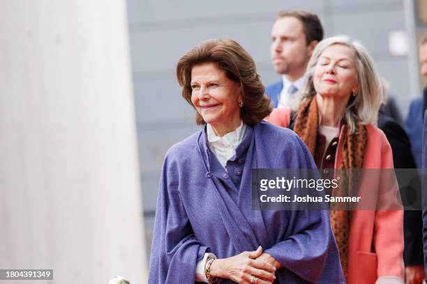 Queen Silvia of Sweden attends the opening of the first "Childhood House" on November 20, 2023 in Hessen, Germany.