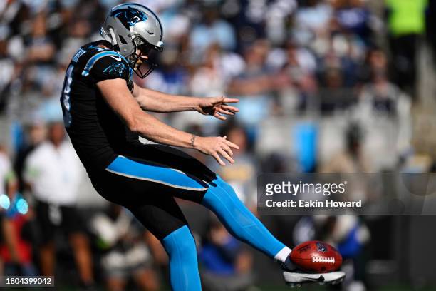 Johnny Hekker of the Carolina Panthers punts against the Dallas Cowboys in the second quarter at Bank of America Stadium on November 19, 2023 in...