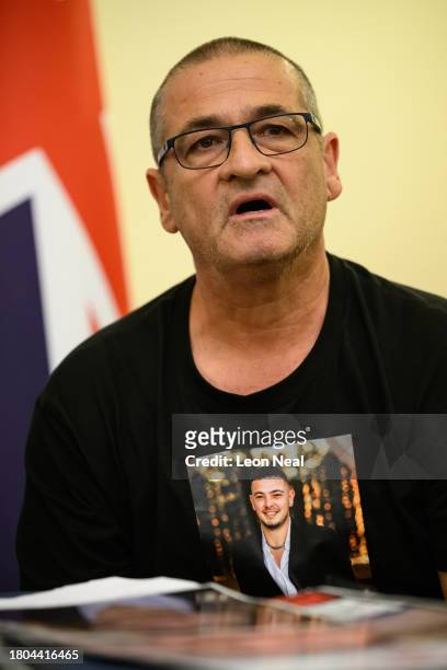 Aviram Meir, the uncle of Almog Meir, addresses journalists during a press conference at the Embassy of Israel by family members of some of those...
