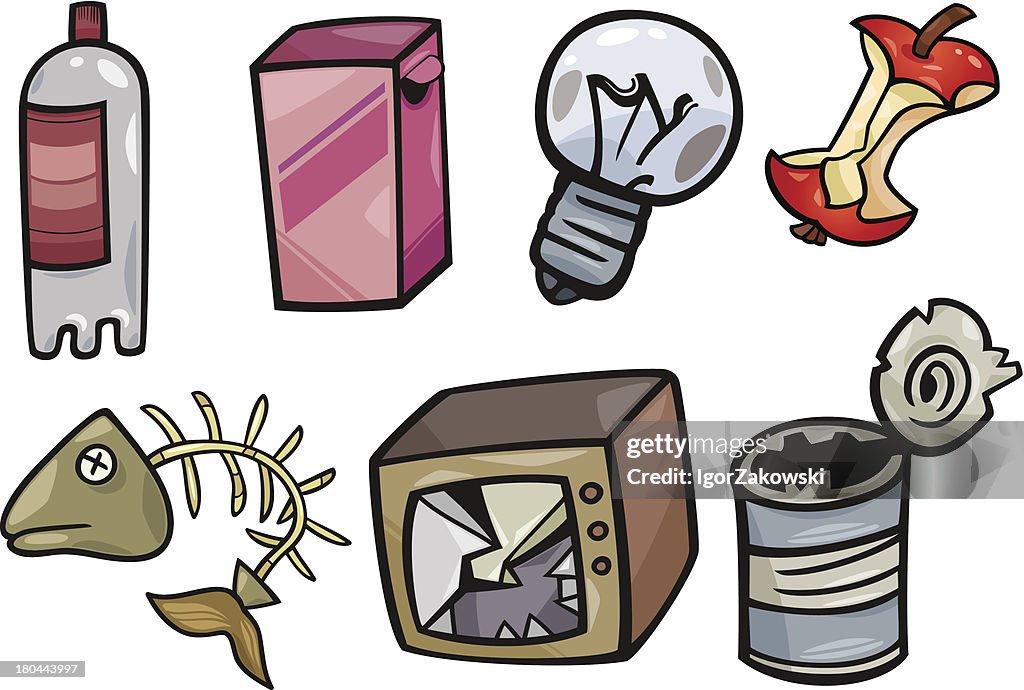 Garbage Thingy Garbage Objects Cartoon Illustration Set High-Res Vector Graphic ...