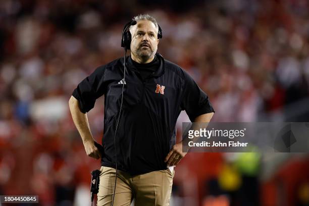 Matt Rhule head coach of the Nebraska Cornhuskers looks on during the game against the Wisconsin Badgers at Camp Randall Stadium on November 18, 2023...