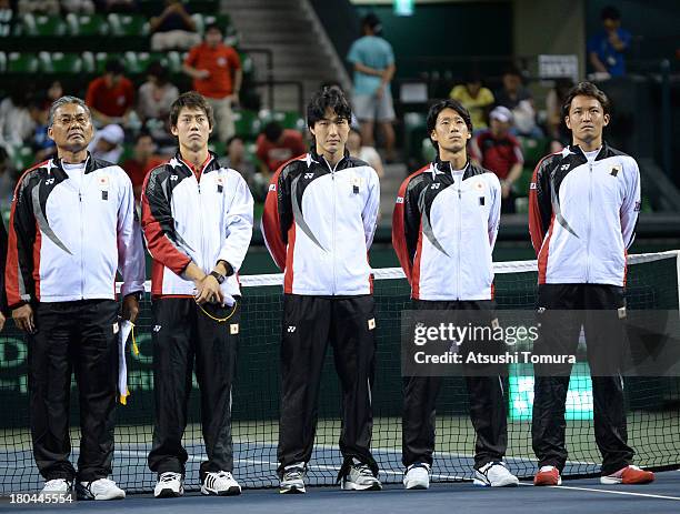 Members of the Japanese Davis Cup team Minoru Ueda, Kei Nishikori, Go Soeda, Yuichi Sugita and Tatsuma Ito lines up in the opening ceremony during...