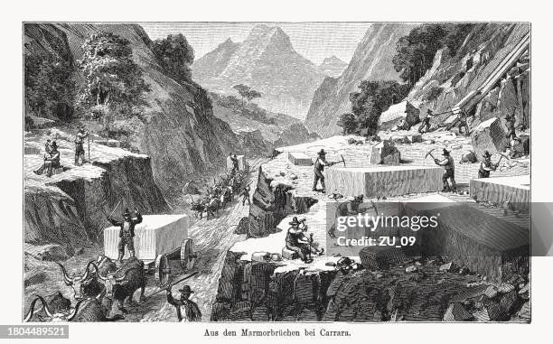 from the marble quarries near carrara, italy, woodcut, published 1894 - carrara stock illustrations