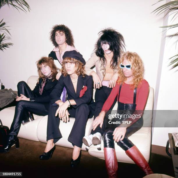 Portrait of American Glam Rock group the New York Dolls, London, England, November 21 November 21, 1973. Pictured are, from left, Jerry Nolan,...