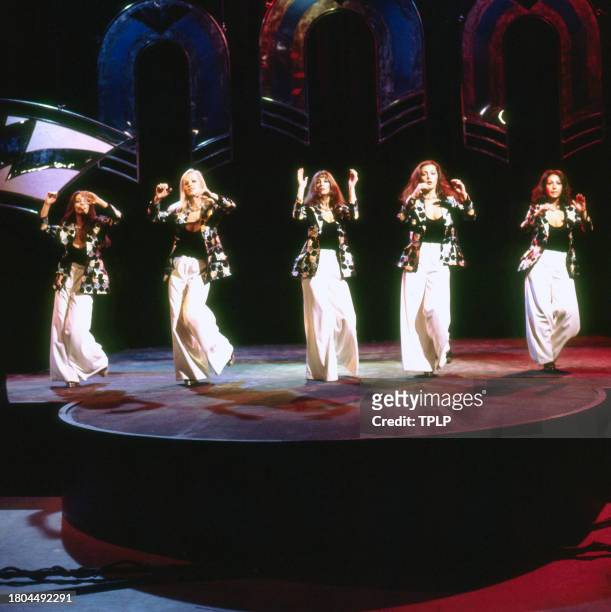 View of the members of the British dance troupe Pan's People as they person on an episode of 'Top of the Pops', London, England, November 21, 1973....