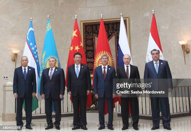 Uzbek President Islam Karimov, Kazakh President Nursultan Nazarbayev, Chinese President Xi Jungping, Kyrgyz President Almazbek Atambayev, Russian...