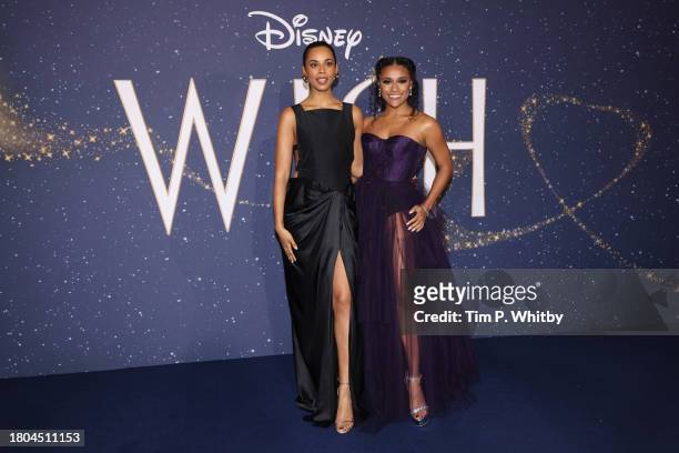 Rochelle Humes and Ariana DeBose attend the "Wish" UK Premiere at Odeon Luxe Leicester Square on November 20, 2023 in London, England.