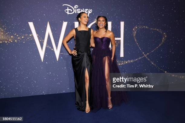 Rochelle Humes and Ariana DeBose attend the "Wish" UK Premiere at Odeon Luxe Leicester Square on November 20, 2023 in London, England.