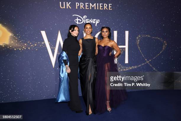 Julia Michaels, Rochelle Humes and Ariana DeBose attend the "Wish" UK Premiere at Odeon Luxe Leicester Square on November 20, 2023 in London, England.