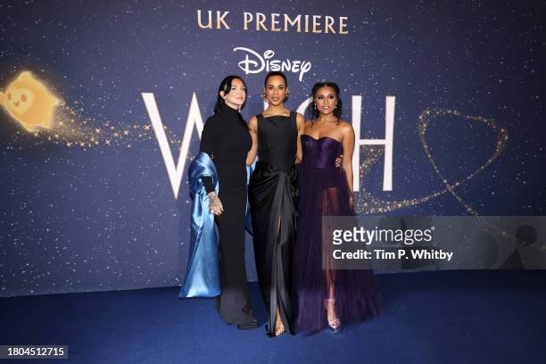 Julia Michaels, Rochelle Humes and Ariana DeBose attend the "Wish" UK Premiere at Odeon Luxe Leicester Square on November 20, 2023 in London, England.