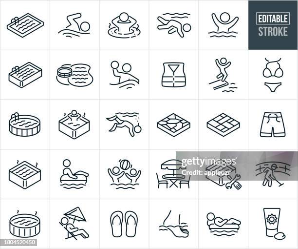 schwimmbäder, whirlpools und schwimmen dünne liniensymbole - bearbeitbarer strich - diver in whirlpool stock-grafiken, -clipart, -cartoons und -symbole