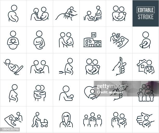 bildbanksillustrationer, clip art samt tecknat material och ikoner med pregnancy and childbirth thin line icons - editable stroke - giving birth