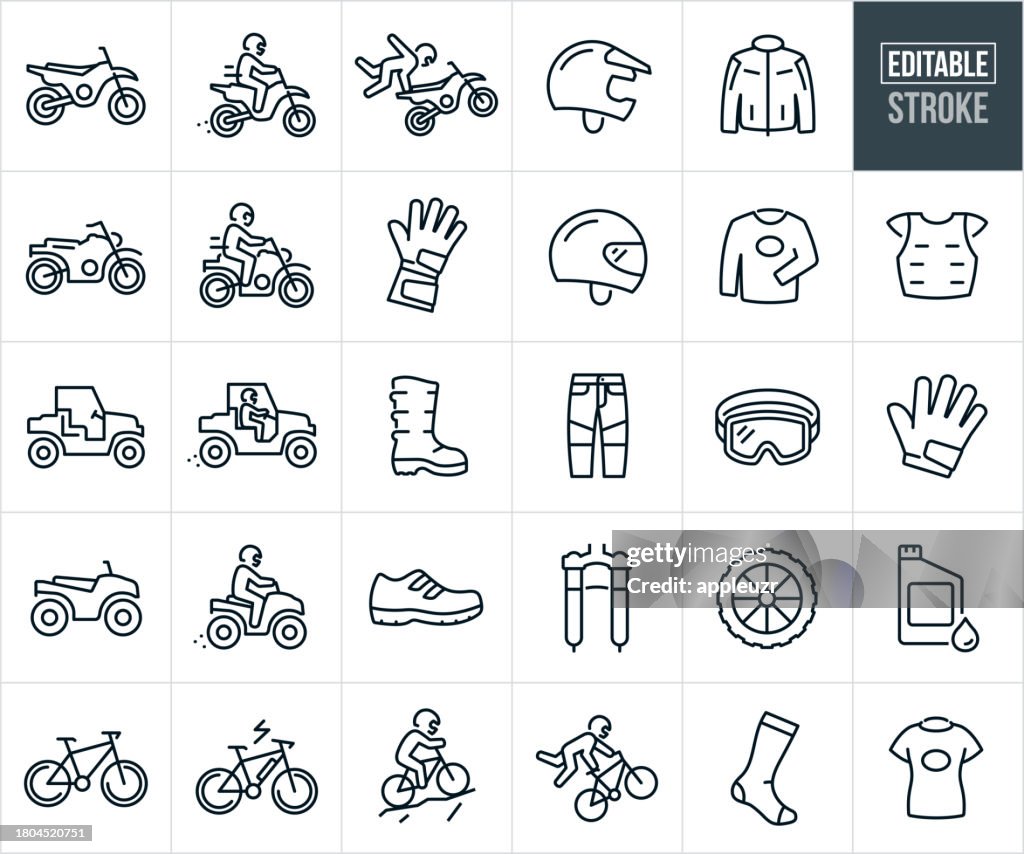 Motocicletta, Dirt Bike, ATV, UTV, Mountain Bike, Bici elettrica e icone a linea sottile di ingranaggi - Tratto modificabile