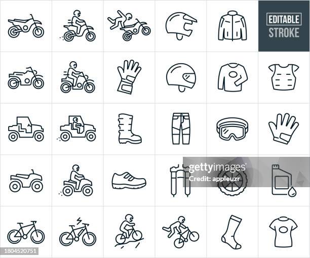 motorcycle, dirt bike, atv, utv, mountain bike, electric bike and gear thin line icons - editable stroke - motocross gear stock illustrations