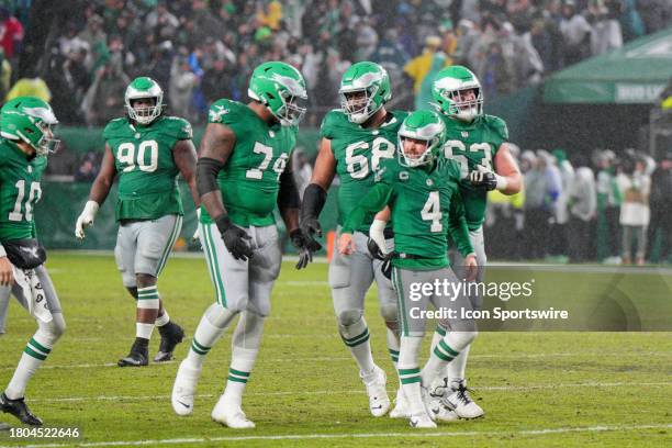 Philadelphia Eagles place kicker Jake Elliott celebrates his game tying field goal during the game between the Buffalo Bills and the Philadelphia...