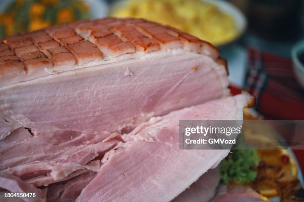 christmas dinner with baked glazed ham and various vegetables - honey ham stock pictures, royalty-free photos & images