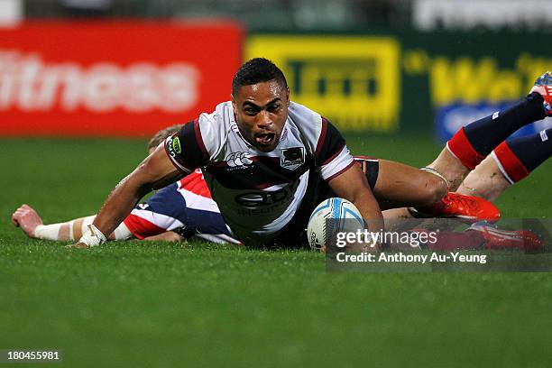 Francis Saili of North Harbour scores a try during the round five ITM Cup match between North Harbour and Tasman at North Harbour Stadium on...