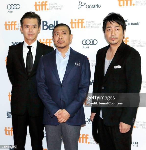 Actor Atsuro Watabe, director Hitoshi Matsumoto and actor Nao Ohmori attemd the premiere of "R100" at Ryerson Theatre on September 12, 2013 in...