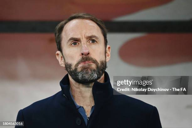 Gareth Southgate, Head Coach of England, looks on prior to the UEFA EURO 2024 European qualifier match between North Macedonia and England at...