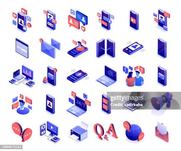 vektorillustration des isometrischen symbolsatzes der kommunikation und des dreidimensionalen bannerdesigns. broadcasting, social media, verbindung, gespräch, chat, dialog, diskussion, mail, netzwerk, messaging, sprechblase, isometrisch. - isometrische darstellung stock-grafiken, -clipart, -cartoons und -symbole
