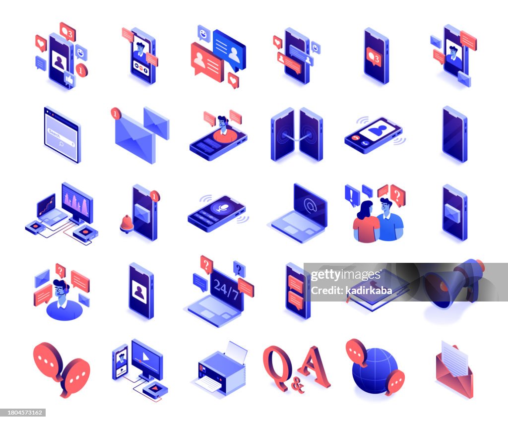Vector Illustration of Communication Isometric Icon Set and Three Dimensional Banner Design. Broadcasting, Social Media, Connection, Talk, Chat, Dialog, Discussion, Mail, Network, Messaging, Speech Bubble, Isometric.