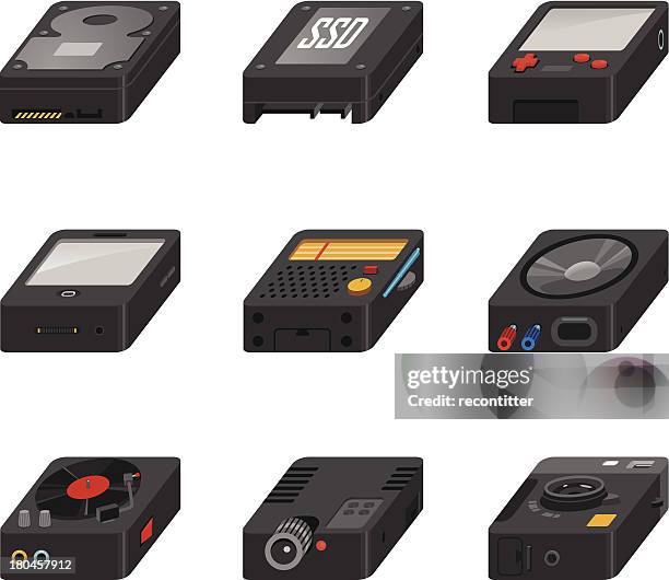 technolgy gadgets icon set - isometric usb drive stock illustrations