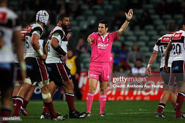 Referee Ben O'Keeffe makes a call during the round five ITM Cup match between North Harbour and Tasman at North Harbour Stadium on September 13, 2013...