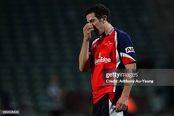 Marty Banks of Tasman reacts during the round five ITM Cup match between North Harbour and Tasman at North Harbour Stadium on September 13, 2013 in...