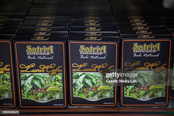 Packages of 'Kopi Luwak' or Civet coffee are displayed inside a Civet coffee farm and cafe on May 27, 2013 in Tampaksiring, Bali, Indonesia. World...