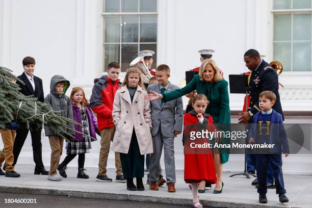 First lady Jill Biden arrives to welcome the official 2023 White House Christmas Tree at the White House on November 20, 2023 in Washington, DC....