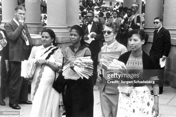 The leaders of the Federation of South African Women delivering a petition to the Union Buildings in Pretoria, South Africa, 27th October 1955. The...