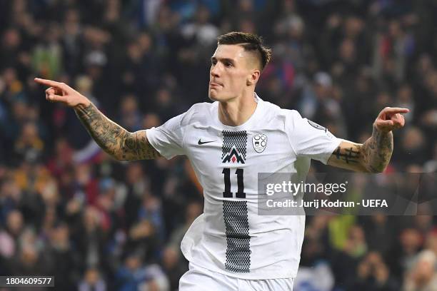 Benjamin Sesko of Slovenia celebrates after scoring the team's first goal during the UEFA EURO 2024 European qualifier match between Slovenia and...