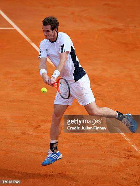 Andy Murray of Great Britain in action against Borna Coric of Croatia during day one of the Davis Cup World Group play-off tie between Croatia and...