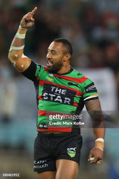 Roy Asotasi of the Rabbitohs celebrates victory during the NRL Qualifying match between the South Sydney Rabbitohs and the Melbourne Storm at ANZ...