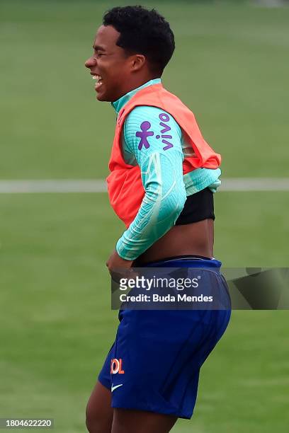 Endrick smiles during a training session of the Brazilian national football team at the squad's Granja Comary training complex on Novermber 20, 2023...